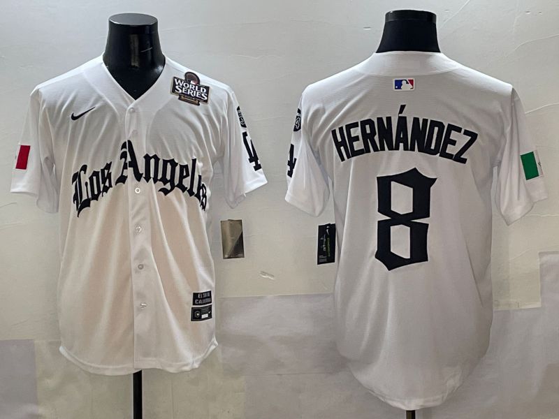 Men Los Angeles Dodgers 8 Hernandez White Five generations Joint Name 2025 Nike MLB Jersey style 7